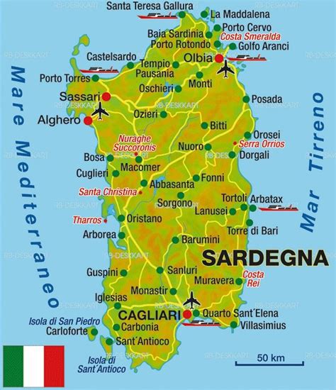 A Detailed Map Of Sardinia In Italy Showing Main Cities Villages
