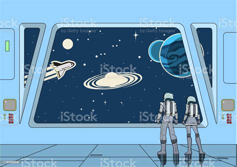 Vector Retro Space Astronauts Couple Inside A Spaceship Looking At