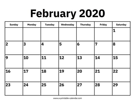 February 2020 Calendar A Printable Calendar