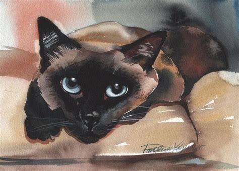 Siamese Cat Original Watercolor Painting Cat Art Brown Blue Eyes Kitty