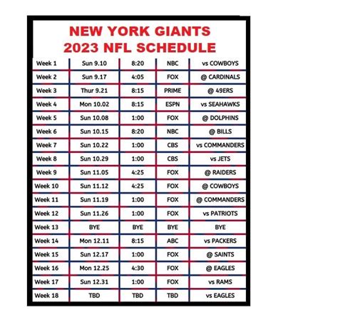 New York Giants New Nfl Football Schedule Refrigerator Etsy