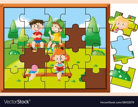 Jigsaw Puzzle Game With Kids In Park Royalty Free Vector