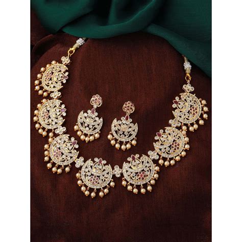 Estele Gold Plated Cz Splendid Flower Designer Necklace Set With Pearls For Women Buy Estele