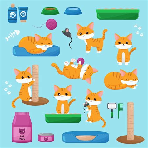 Conjunto De Gatos Kawaii Rojos Juguetes Comida Para Gatos Y Objetos