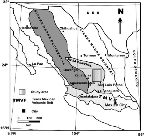 Range borders shown on map are an approximation and are not authoritative. Index map of the Sierra Madre Occidental and Mesa Central ...
