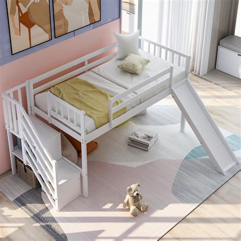 Twin Size Low Loft Bed With Adjustable Slide And Staircase Cool