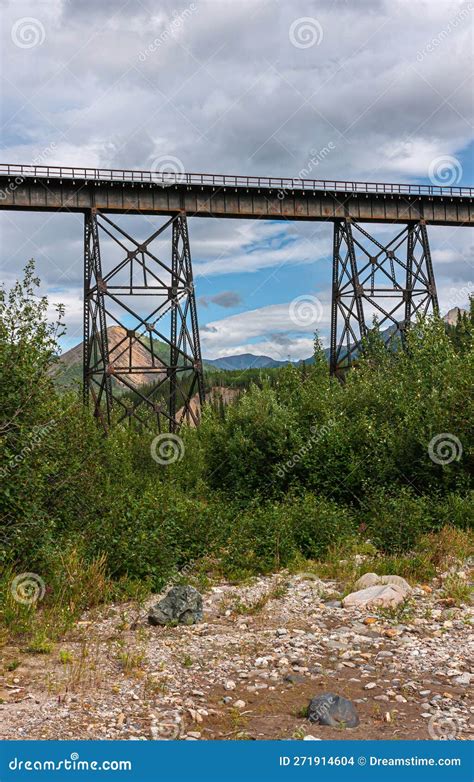 Portrait Railway Bridge Over Nenana River In Denali Park Ak Usa