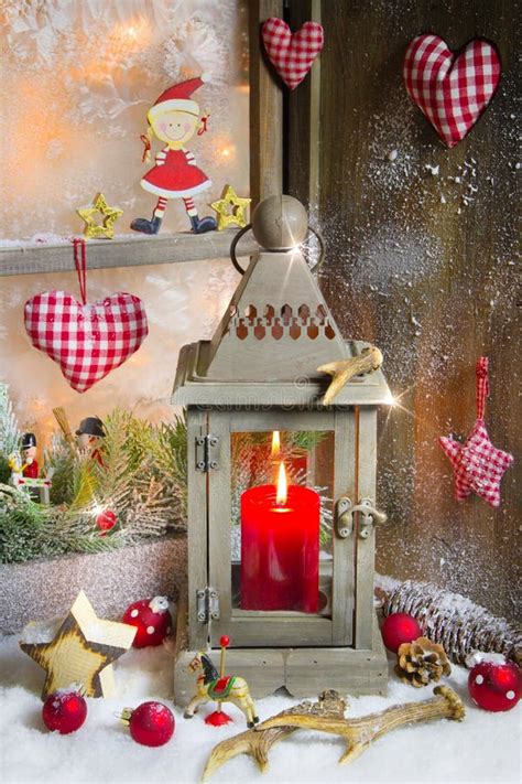 Rustic Lantern With Candlelights For Christmas Classic In Red Stock