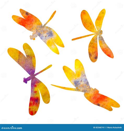 Dragonfly Silhouette Watercolor Illustration Isolated On White