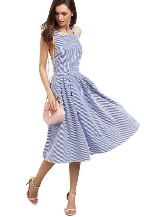 Blue And White Striped Skater Dress With Sleeveless Design