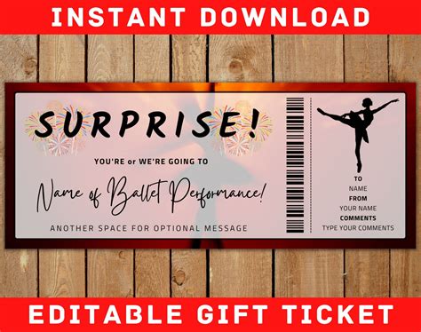 Gift Ticket Ballet Ticket Template Gift Certificate Voucher Printable Surprise Performance