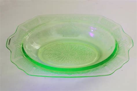 Vintage Uranium Green Depression Glass Oval Bowl Princess Pattern