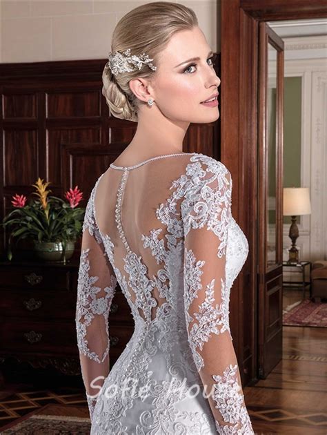 mermaid illusion neckline see through back long sleeve lace wedding dress