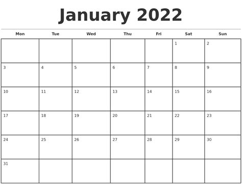 January 2022 Monthly Calendar Template