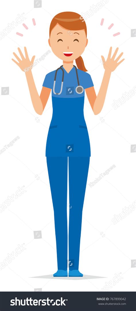 A Woman Nurse Wearing A Blue Scrub Is Spreading Royalty Free Stock Vector 767899042