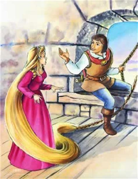 rapunzel meeting her handsome prince who climbed on her very long golden hair from her tall