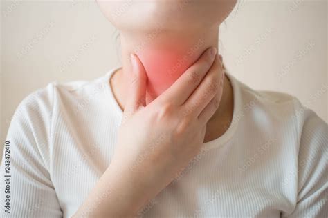 Sick Women Suffering From Sore Throat On Gray Background Causes Of