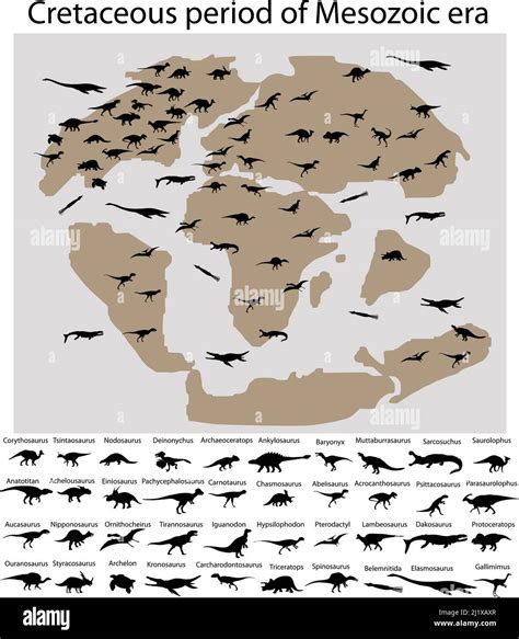 Dinosaurs Of Cretaceous Period Of Mesozoic Era On The Map Stock Vector