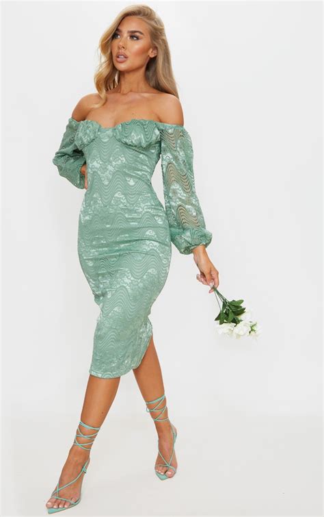 Sage Green Lace Long Sleeve Bardot Midi Dress Prettylittlething Usa