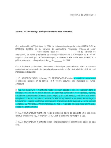 Acta De Entrega De Inmueble Arrendado Pdf Alquiler Business