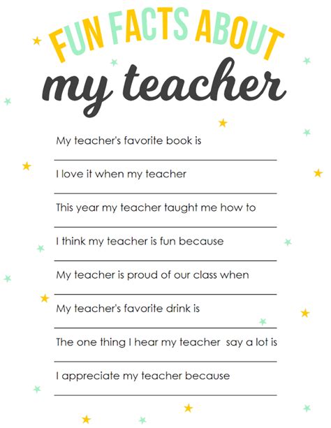 Teacher Appreciation Printable Fun Facts About My Teacher Teacher