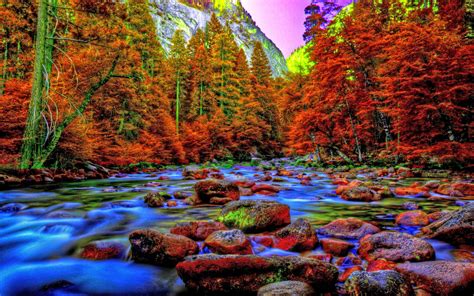 Yosemite Valley In Autumn Beautiful Mountain River National Park