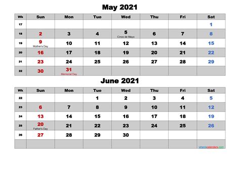 Monthly calendar for the month june in year 2021. May and June 2021 Calendar with Holidays - Free Printable ...