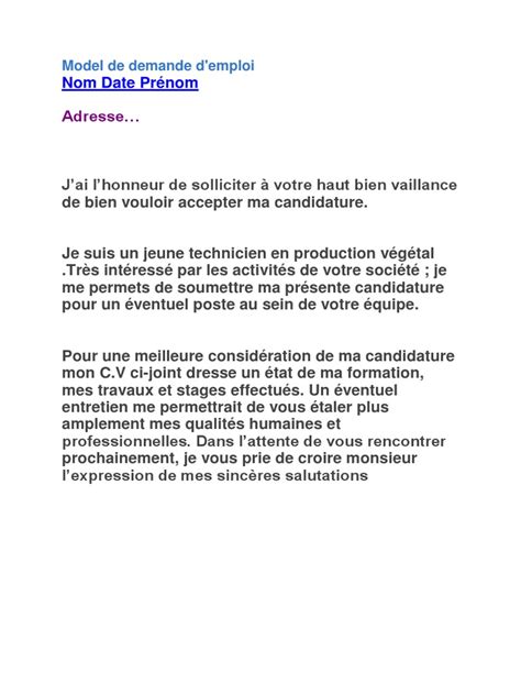 Pour une meilleure considération de ma candidature mon c.v. Model de Demande d Emploi