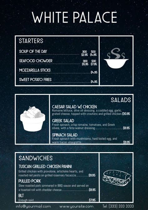 White Font Cosmos Simple 3 Course Menu Template Postermywall