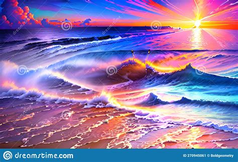Ocean Waves At Sunset Sythwave Colors Neons For Digital Backgrounds