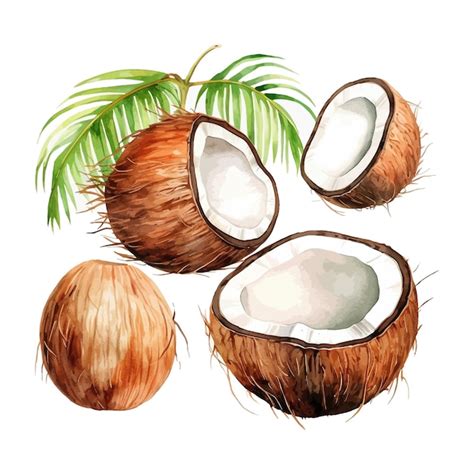 Satz aquarell kokosnuss cliparts mit weißem hintergrund Premium Vektor