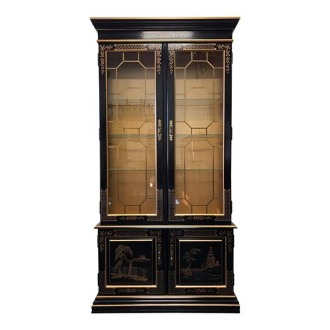 Habersham Asian Chinoiserie Black Lacquer Curio China Display Cabinet