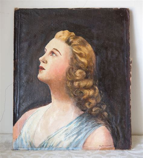 1940s Art Deco Woman Oil Portrait On Board Oil Portrait Art