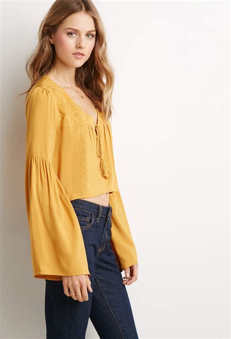 Lyst Forever 21 Embroidered Bell Sleeve Peasant Top In Yellow
