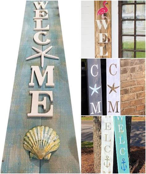 Vertical Wood Plank Welcome Signs With A Coastal Beach And Sea Life Theme