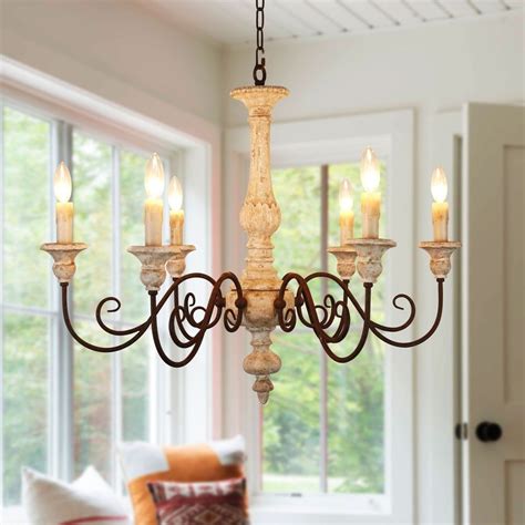 French Country Candle Style Wood Chandelier Royal Farmhouse Wooden