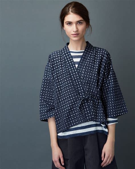 Kimono Wrap Top In A Soft Lightweight Cotton Ikat Check Dropped