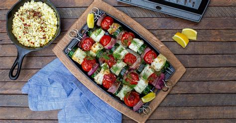 Grilled Sea Bass Kebabs With Skordalia And Grilled Feta Lodge Cast Iron