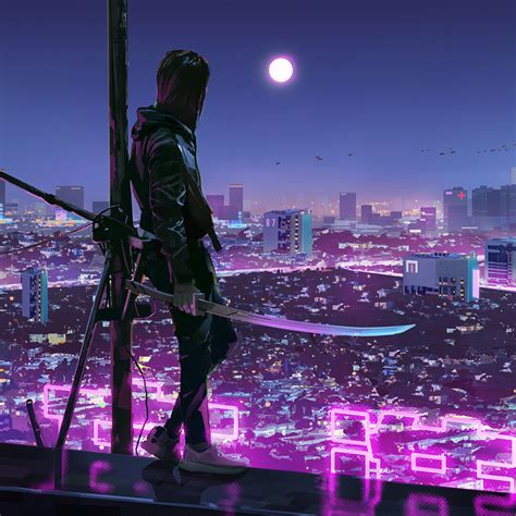 2048x2048 Warrior Girl In Cyberpunk City Ipad Air