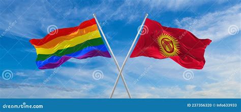 Crossed Flags Of Lgbt And Kyrgyzstan Flag Waving In The Wind At Cloudy Sky Freedom And Love