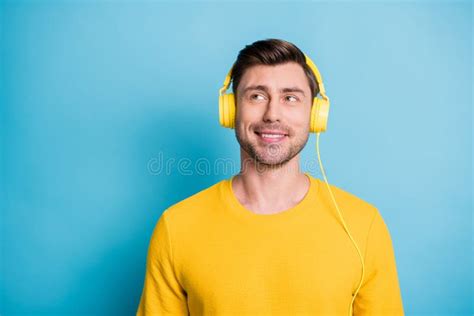 Portrait Of Attractive Cheerful Guy Listening Single Melody Having Fun