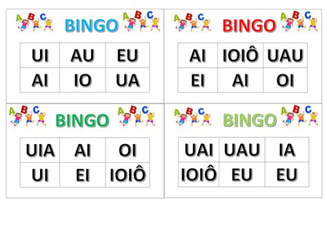 Bingo encontro vocálico Cartelas para realizar bingo de encontros vocálicos Atividades