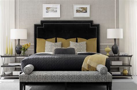 Black Velvet Art Deco Bed Yellow Pillows Elegant Bedroom Rustic