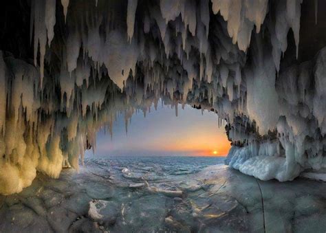 Nature Landscape Cave Ice Stalactites Lake Sunset Cold Frost