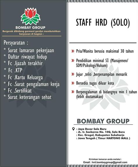 Penempatan di jakarta bersedia lembur teliti jujur disiplin tanggung jawab mau bekerja keras bisa bekerja dengan team. Lowongan Kerja Staff HRD Bombay Group di Solo - INFO LOKER ...