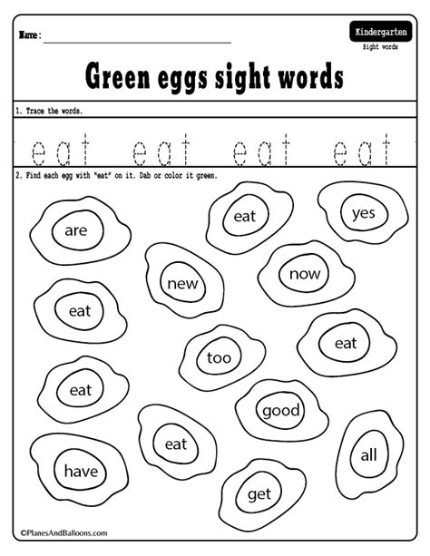 Green Eggs Sight Words Dr Seuss Inspired Sight Words Worksheets