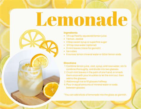 Lemonade Recipe Card Recipe Card Template