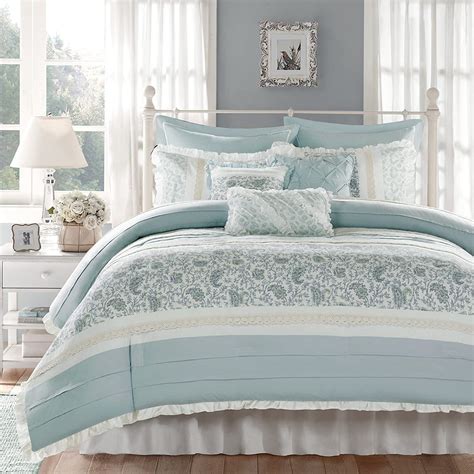 Dawn Queen Size Bed Comforter Set Bed In A Bag - Aqua , Floral Shabby Chic - 9 Pieces Bedding ...