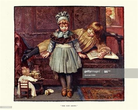 Vintage Engraving Of A Little Victorian Girl Tryingh On Her New