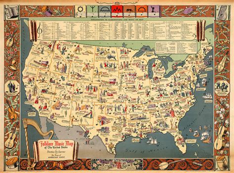 Folklore Music Map Of The United States Pictorial Vintage Old Map